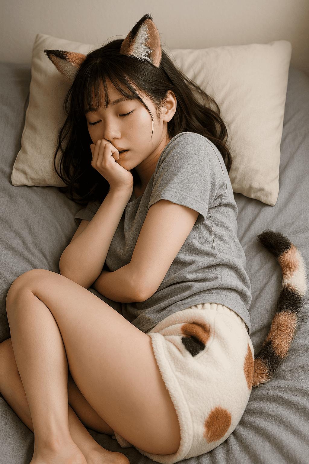 ベッドで丸まって寝ていた飼い猫が人間の姿にレベルアップした。安心しきった表情で無防備に寝ている女性。ふくよかそうな身体付きを見つめながらこの部屋着はどこから出てきたんだ、裸でいいんじゃないか？と天に問う。