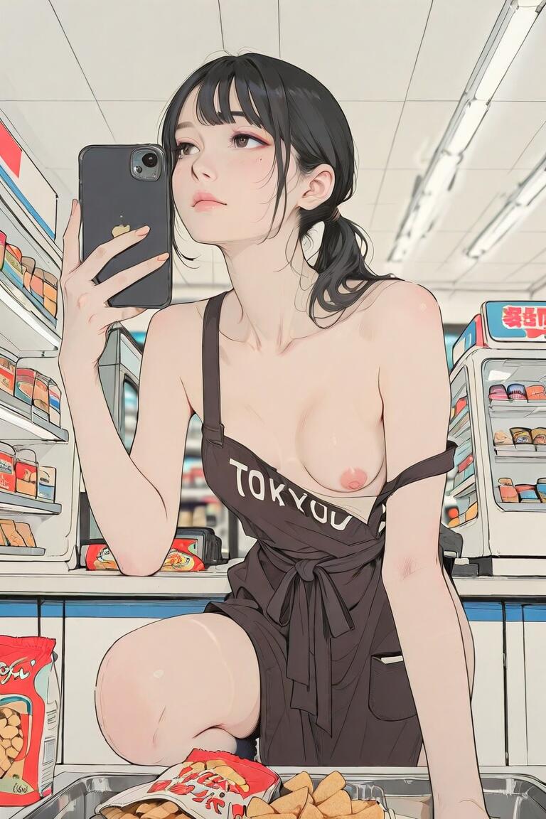 真面目なコンビニバイト女子大生を露出バカッターに改変。精算ついでにおっぱいツーショットサービスしてくれる。